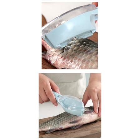 Curatator Manual Solzi de Peste, Cyrax, Forma Peste , Recipient cu Capcac pentru Solzi, Plastic, Albastru deschis, 16x6 cm