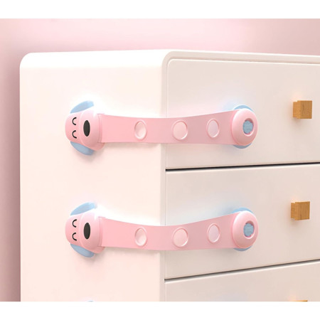 Siguranta pentru Usi Copii,  Sistem de Blocare Sertare, Dulap, Frigider, Adeziv, cu Sistem de Inchidere Dublu, Model Catelus, Roz