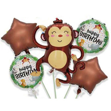 Baloane pentru aniversare, Cyrax, tematica Happy Birthday, set 5 baloane, 1 Maimuta 85 x 89 cm, 2 Stele, 2 Rotunde, din folie de aluminiu, pai de carton inclus, Maro