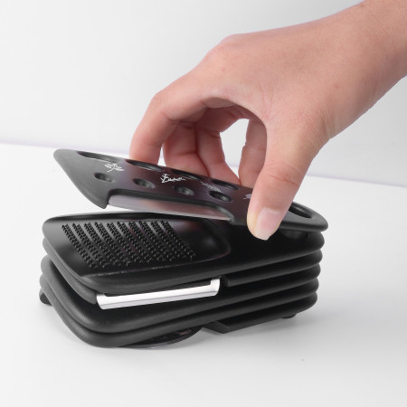 Set 6 in 1 mini ustensile bucatarie Cyrax, taietor pizza, cutit, curatator, razatoare, desfacator, presa usturoi, manere din ABS, lame ascutite din otel inoxidabil, 7.1 x 12.9 x 4.8 cm,  negru