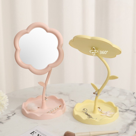 Oglindă de Machiaj pentru Birou, Cyrax, Rotativă, Detasabilă, Model de Floarea Soarelui, Suport pentru Inele, cu Depozitare, Roz