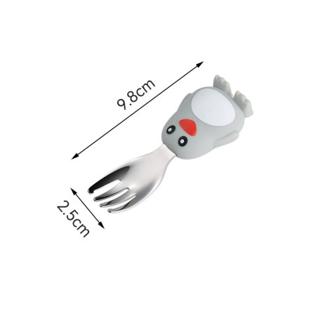 Set diversificare bebelusi Cyrax, din silicon, 23.5 x 12.5 cm, 1 farfurie compartimentata in forma de pinguin, lingurita si furculita, pai, perie pai, fara alergeni, ventuza fixare,  forma creativa,  gri