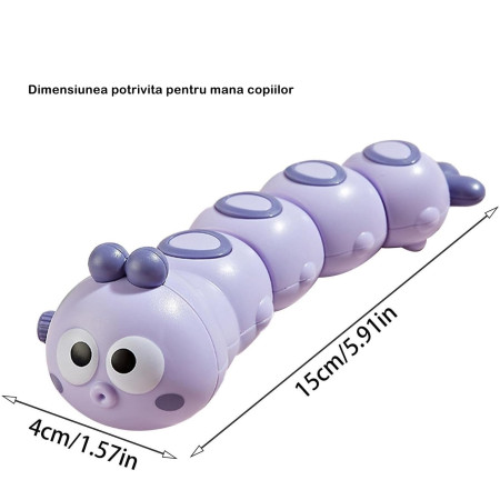 Jucarie mecanica pentru copii Cyrax, omida haioasa, cu cheita, distractiva, se taraste, se misca, 15 x 4 cm, mov