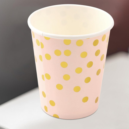 Set 10 Pahare, Cyrax, Imprimeu cu Buline, din Carton, 250 ml, 7.5 x 8.5 x 5.2 cm, Roz/Auriu