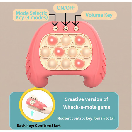 Joc Pop It, Cyrax, consola, joc interactiv, antistres, cu baterii, Abs si silicon, Roz, 12 x 10 x 5.8 cm