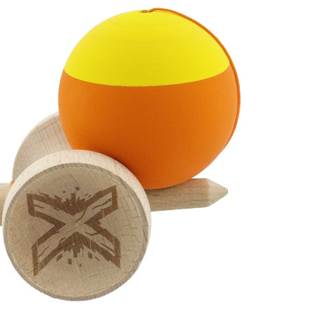 Kendama X Originala, Profesionala, Cyrax, Rubber Grip, Cupe Mari KING SIZE V3, Gaura in Baza, Rulment Metalic, din lemn 18 cm, Ata 62/65 cm, Bicolor Galben/Portocaliu