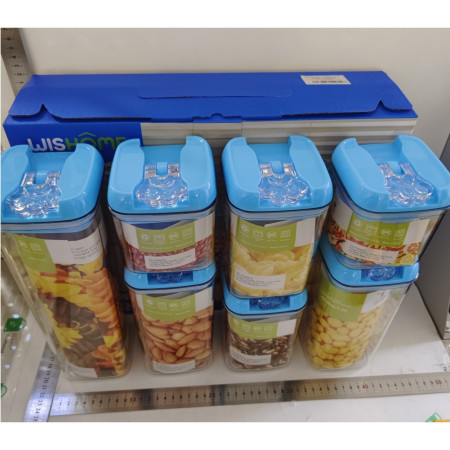 Set 7 Cutii de Depozitare Alimente, Cyrax, 2 x 500ml, 2 x 800ml, 2 x 1200ml, 1 x 1900 ml, Capac Albastru, din PP+PET, Inchidere Ermetica, Transparent