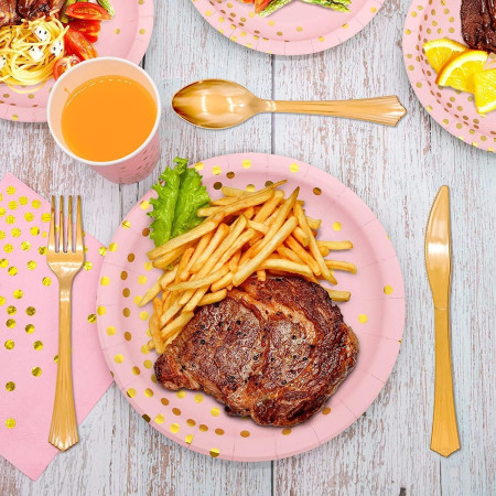 Set 20 de Servetele de Masa, Cyrax, Imprimeu cu Buline Aurii, din Hartie, 17 x 17 cm, Roz