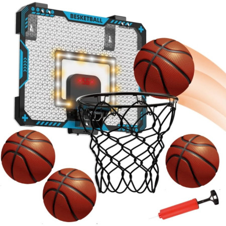 Cos de Baschet pentru Copii, Cyrax, cu Tablou de Bord Electronic, Minge, Pompa, 2 Moduri, Interior/Exterior, Inel Metalic si Rabatabil cu Arc, Luminos, 41x31x5 cm, Multicolor