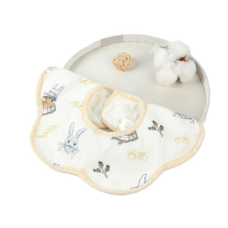 Baveta Tip Floare, Cyrax, din Bumbac, pentru Copii 0-12 Luni, Rezistenta la apa, cu Capse, Model cu Iepurasi, 26 x 29 cm, Alb