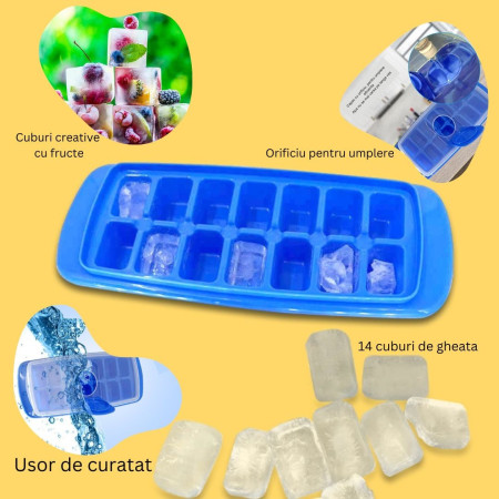 Forma pentru cuburi de gheata Cyrax, 14 cuburi, reutilizabil, plastic alimentar, cu capac, orificiu umplere, dreptunghiulara, 29.5 x 12.5 x4 cm, albastru