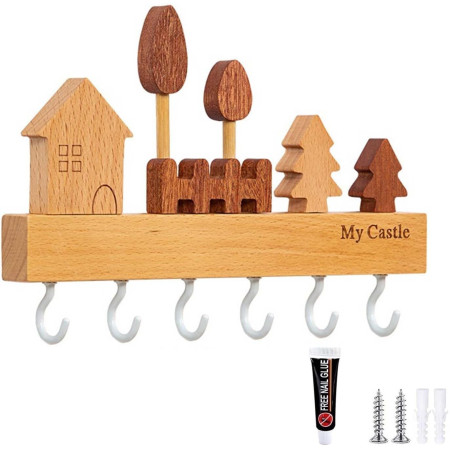 Suport pentru Chei,  din Lemn, Aplicare fara Perforare, Adeziv Inclus, 6 Carlige Albe, Model Casuta, Greutate Suportata 5 kg, 14.5 x 2 x 22.5 cm, Maro