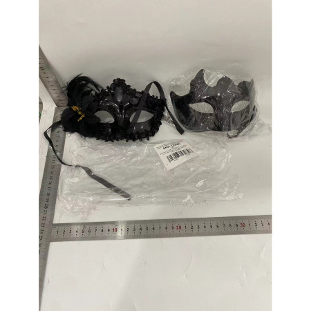 Set 2 Masti de Cuplu, Cyrax, pentru Carnaval, Bal Mascat, Marime Universala, Model Floare Laterala si Margele, Model Clasic, Negru texturat