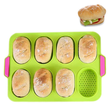 Forme de Silicon pentru Copt, Cyrax, 8 Forme Ovale, pentru Paine si Prajituri, 34.5 x 23.8 x 2.5 cm, Verde/Roz
