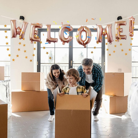 Set Baloane din Folie Metalizata, Cyrax, Model WELCOME!, Litere de 40 cm, Baloane Party, Ambalaj Individual, Pai Inclus, Umflare cu Aer sau Heliu, Roz