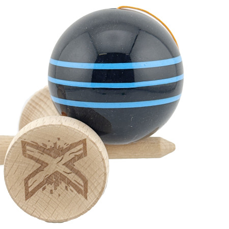 Kendama X Originala, Profesionala, Cyrax, Big Cups V2, Super Sticky Legendary Cupe Mari, Rulment Metalic cu Ata 55 cm, Negru/Linii Albastre deschise