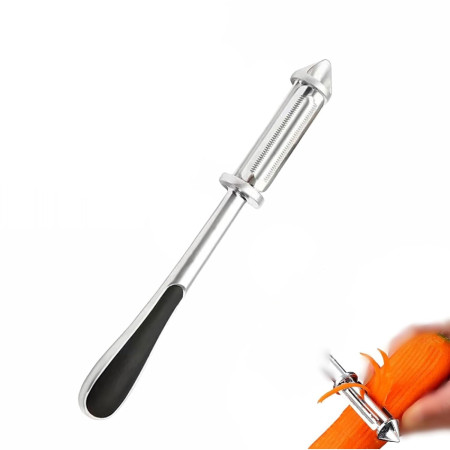 Peeler 2in1 pentru Legume si Fructe, Cyrax, Multifunctional, cu 2 Lame de Curatati si Feliat, Varf Ascutit pentru Gaurit, 18 cm, din Otel Inoxidabil, Argintiu/Negru