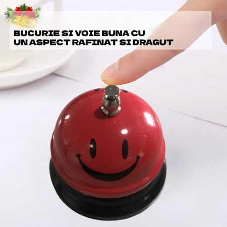 Clopotel Metalic Multifunctional, Cyrax, Rosu cu Imprimeu Smiley Face, 7.5x7.5x6.5 cm, Receptie, Restaurant, Cafenele