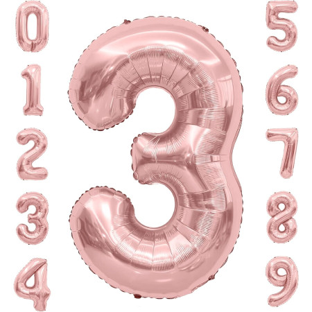 Balon din Folie Metalizata Cyrax, Figurina Cifra, Tema Aniversare 40 cm, Ambalaj Individual, Pai inclus, Umflare cu Aer sau Heliu, Rose Gold, Cifra 3