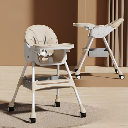 Scaun de Masa pentru Bebelusi si Copii, Cyrax, cu Roti, Telescopic, Pliabil, Masuta Reglabila, Suport Picioare, Scaun cu Invelis Piele Artificiala, Centura Siguranta, Spatiu Depozitare, 97x73x65 cm, Bej