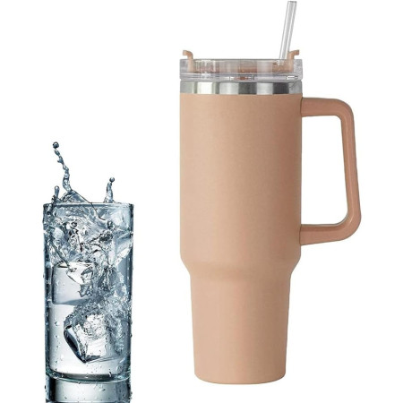 Cana Termos din Plastic, Cyrax, pentru Bauturi Calde si Reci, cu Maner, 9.9x9.9x27 cm, Roz Pal