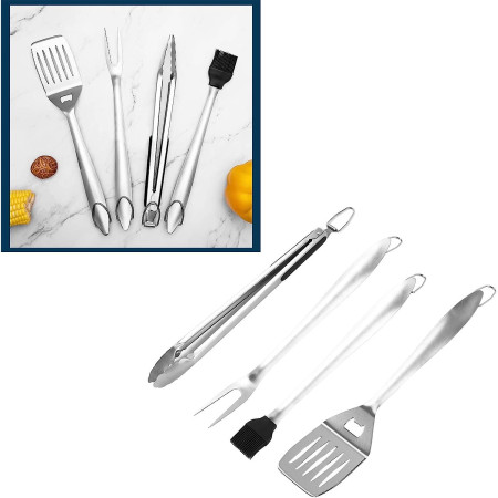 Set 4 ustensile pentru gratar Cyrax, din otel inoxidabil, cu agatatoare, rezistente la temperaturi ridicate, argintiu