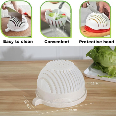 Bol Feliator pentru Salata, Cyrax, Castron Multifunctional pentru Legume si Fructe, pentru Spalat si Taiat Legumele, cu Scurgere si Tocator, Ergonomic, Protectie pentru Maini, 21x18.5x11.5 cm, Alb