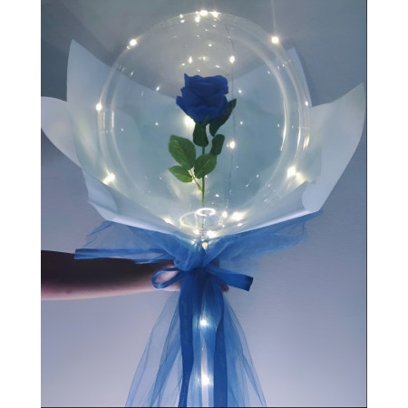 Set Trandafir in Balon LED cu Lumini, Cyrax, Tip Buchet, Diametru 35 cm, Albastru