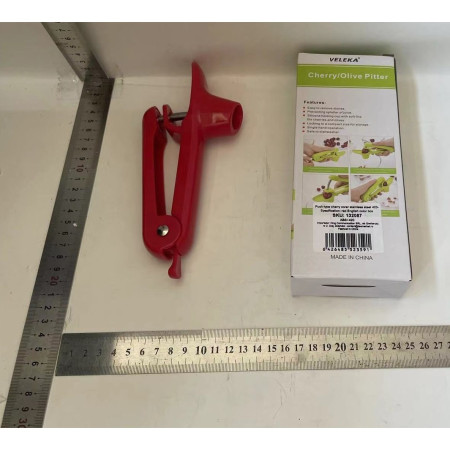 Dispozitiv de Scos Samburi, Cyrax, Manual, cu 1 Gaura, pentru Cirese/Masline, 20.5 x 3.8 x 13 cm, din ABS+Otel Inoxidabil, cu Maner, Rosu