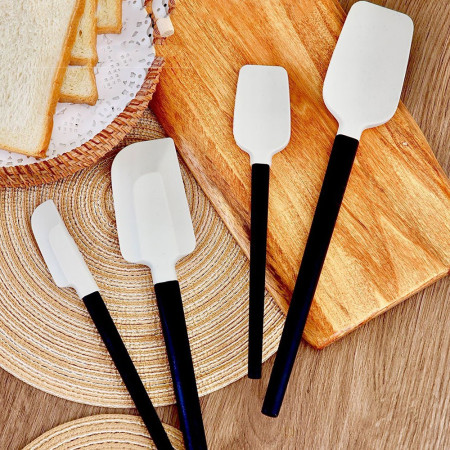 Ustensile de Bucatarie, Cyrax, Set din 4 bucati, din Silicon si Lemn, Spatule de Diferite Dimensiuni, Termo rezistente, Antiaderente, Instrument de Amestecat in Bucatarie, Alb-Negru