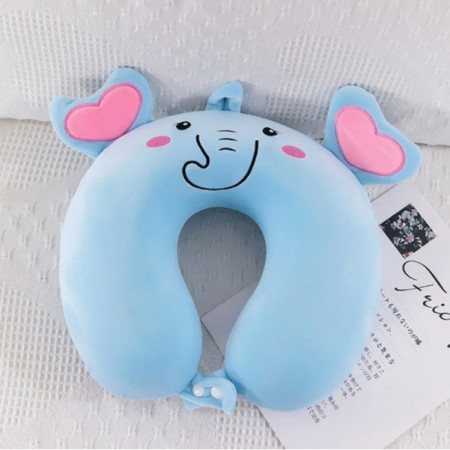 Perna de Calatorie in Forma de U,  Pentru Gat si Cap, Umplutura din Spuma cu Memorie, 30x30 cm, Model Elefant, Accesoriu de Voiaj, Birou, Masina, Sistem Prindere Capse, Albastru