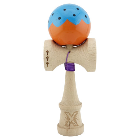 Kendama X Originala, Profesionala, Cyrax, Big Cups V2, Super Sticky cu Cupe Mari, din lemn 18 cm, Rulment Metalic cu Ata 55 cm, Albastru/Portocaliu