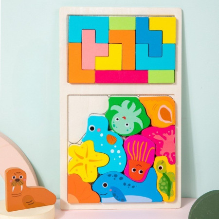 Puzzle Montessori din Lemn pentru Copii, Cyrax, Tip Tetris 2in1 +3 Ani, cu Animale Marine Colorate 3D, Educativ, Intuitiv, Creativ, 21 de Piese, 28.5x17x1.2 cm, Multicolor