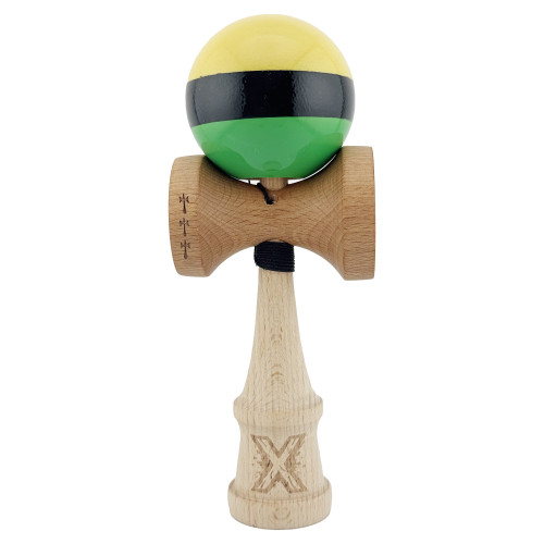 Kendama X Originala, Profesionala, Cyrax, Big Cups V2, Super Sticky cu Cupe Mari, din lemn 18 cm, Rulment Metalic cu Ata 55 cm, Galben/Negru/Verde...