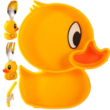 Set diversificare bebelusi Cyrax, din silicon, 20 x 17.5 cm, 1 farfurie compartimentata in forma de rata, lingurita si furculita, pai, perie pai, fara alergeni, ventuza fixare,  forma creativa,  galben