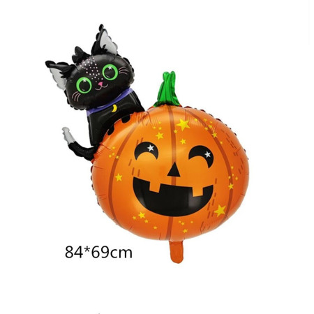 Set 5 Baloane din Folie Metalizata, Cyrax, Figurine, Tema Halloween, Pai Inclus, Ambalaj Individual, Umflare cu Aer sau Heliu, Figurina Dovleac si Pisica 84x69 cm, Stelute si Cerculete 45 cm, Multicolor