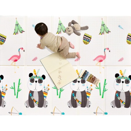 Covoras pentru Copii, Cyrax, cu 2 Fete, Model Caprioare/Panda, din XPE+PE, Impermeabil, Antiderapant, Protectie Termica, +3 Luni, Pliabil, 150 x 200 x 1 cm, Multicolor