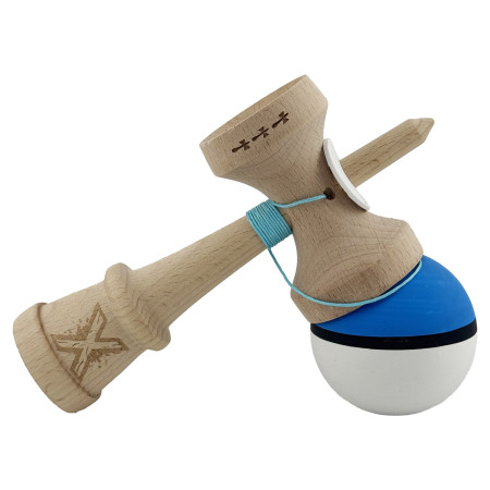 Kendama X Originala, Profesionala, Cyrax, Cupe Mari KING SIZE V3, Rubber Grip, Gaura in Baza, Rulment Metalic, din lemn 18 cm, Ata 62/65 cm, S Bicolor Albastru/Alb