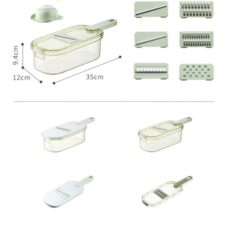 Feliator Multifunctional, Cyrax, 6 in 1, pentru Fructe si Legume, 9 Piese, Maner, Lame de Inox, Recipient Stocare, Protectie Mana, ABS, 35x12x9.4 cm, Verde