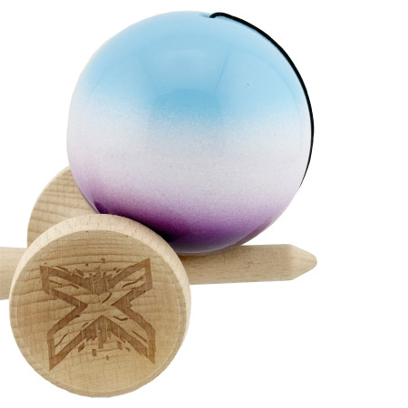 Kendama X Originala, Profesionala, Cyrax, Big Cups V2, Super Sticky cu Cupe Mari, din lemn 18 cm, Rulment Metalic cu Ata 55 cm, Albastru/Alb/Mov