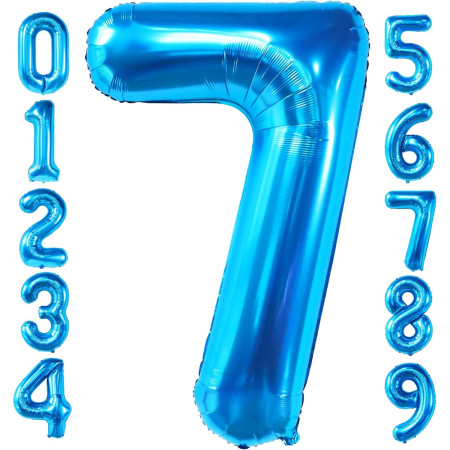 Balon din Folie Metalizata Cyrax, Figurina Cifra, Tema Aniversare 40 cm, Ambalaj Individual, Pai inclus, Umflare cu Aer sau Heliu, Albastru, Cifra 7
