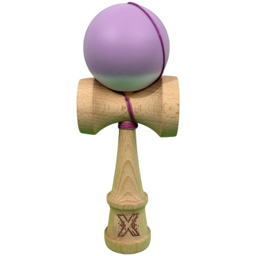 Kendama X Originala, Profesionala, Cyrax, din Lemn cu Bila Cauciucata, 18 x 6 x 7 cm, Gradient Mov/Alb