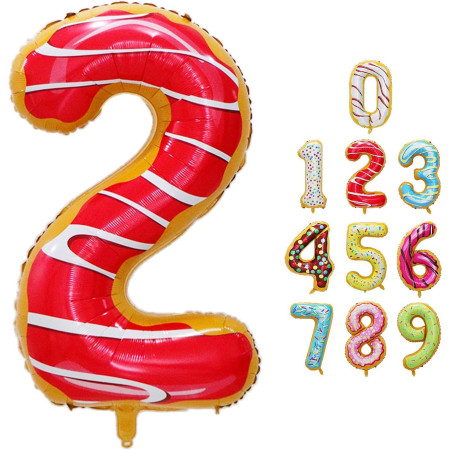 Balon din Folie Metalizata Cyrax, Figurina Cifra, Imprimeu Gogosi, Tema Aniversare 100 cm, Ambalaj Individual, Pai inclus, Umflare cu Aer sau Heliu, Multicolor, Cifra 2