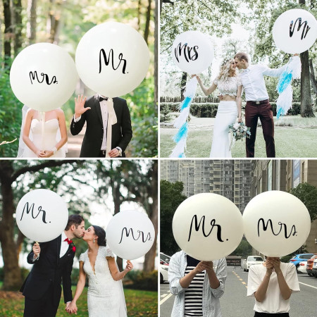 Set 2 Baloane din Latex, Cyrax, Tip Jumbo, Model Mr si Mrs, Tema Nunta, 45 cm, Alb