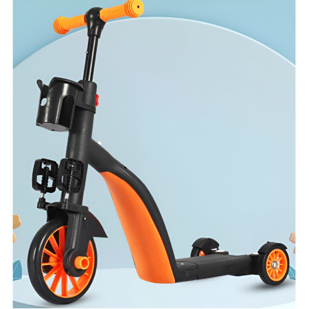 Bicicleta 8 in 1, Cyrax, Transformabila, Multifunctionala, Reglare Inaltime, cu Maner de Impingere Detasabil, Tricicleta, Trotineta, 3 Roti, Pedale, Cosulet, 3-6 Ani, Portocaliu