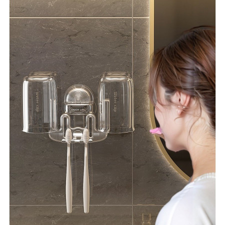 Suport Multifunctional Dublu, Pahar si Suport pentru Periuta de Dinti,  Plastic, 11 cm x 11.5 cm, Gri