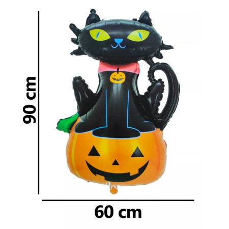 Set 5 Baloane din Folie Metalizata, Cyrax, Figurine, Tema Halloween, Pai Inclus, Ambalaj Individual, Umflare cu Aer sau Heliu, Figurina Dovleac si Pisica 90x60 cm, Stelute si Cerculete 45 cm, Portocaliu-Negru