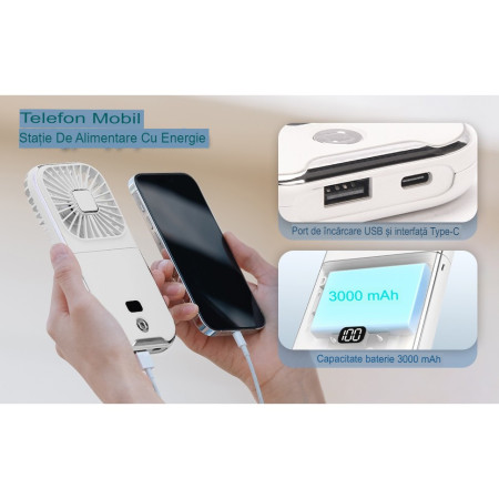 Ventilator Portabil  3 in 1, de Mana, de Gat, de Birou, 16.7 x 8 x 1.9 cm, 3 Trepte de Viteza, Incarcare USB, Pliabil, Afisaj Digital, Suport Telefon, Alb