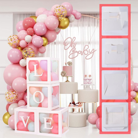 Set 4 Cutii pentru Baloane, Cyrax, Model Scris Love, Tematica Iubire, Cuburi Decorative din Plastic, Accesorii pentru Petrecere, 30 x30 cm, Transparente Contur Alb
