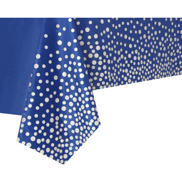 Fata de Masa, Cyrax, din PEVA, Imprimeu Buline Argintii, 137 x 274 cm, Impermeabila, Fara Pete, Curatare Rapida, Albastru Inchis